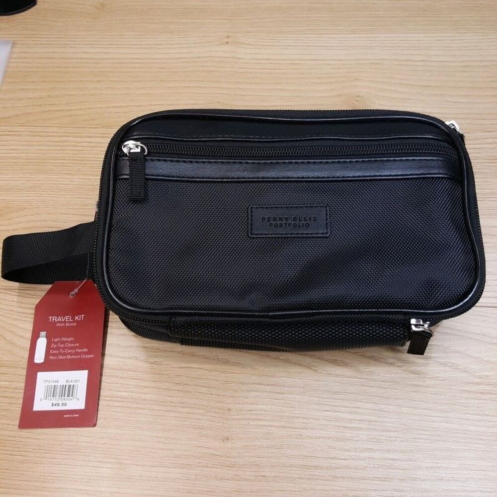PERRY ELLIS Mens Black Case Travel Shave Toiletry Kit Bag Pouch